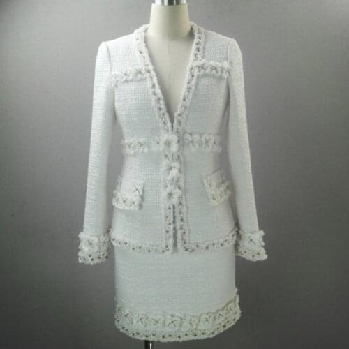 Woolen Coat + Elegant A-Line Skirt Suits Women Clothes Tassels Deep-V Neck Luxury 3D Flower Beading Tweed 2 Pieces Set Female