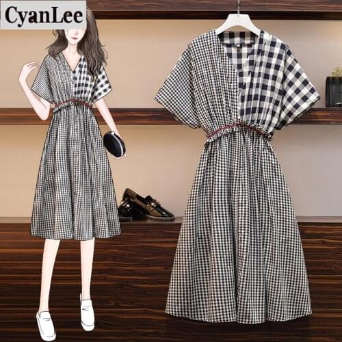 Cyanlee Plus Size Elegant Shirt Dress Women Summer Lace Patchwork Plaid Dress British Casual Vintage Dresses Vestido 5XL