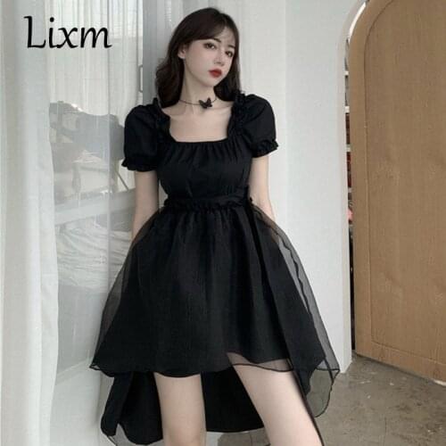 Japanese Lolita Dark Girly Gothic Victorian Black Organza Square Neck Puff Sleeve Slim Dress Party Retro Dark Vintage Dresses
