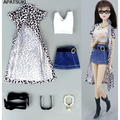 1set 1/6 Doll Accessories For Barbie Doll Outfits Leopard Long Coat & Top Vest & Skirt Shoes Necklace Glasses Clothes For Barbie