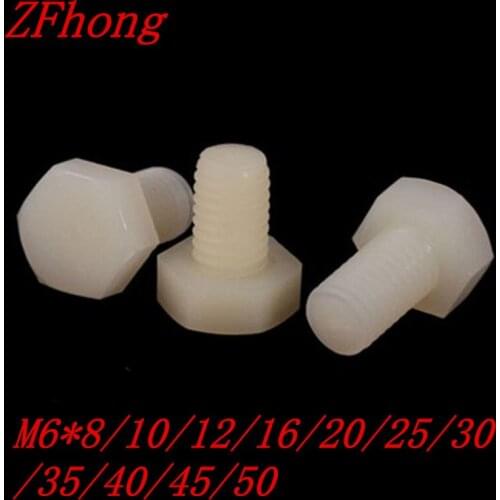 100pcs M6*12/16/20/25/30/35/40/45/50 White Nylon Plastic Hex Bolt Hex Head Screw Insulation Bolt