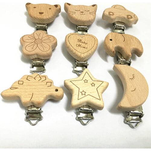 3PCS Wooden Pacifier Clip Animal Shape Natural Beech Wood Baby Pacifier Chain DIY Nipple Chain Accessory