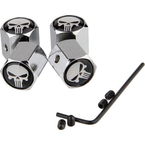4pcs Skull Punisher Universal Car Wheel Tyre Stem Air Valve Caps Key Screw Set Automobile Chrome Metal Anti-theft Tire Valves