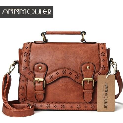 Annmouler Brand Women Satchel Bag Vintage Shoulder Purse Brown Hollow Out Crossbody Messenger Bag Small Briefcase for Ladies