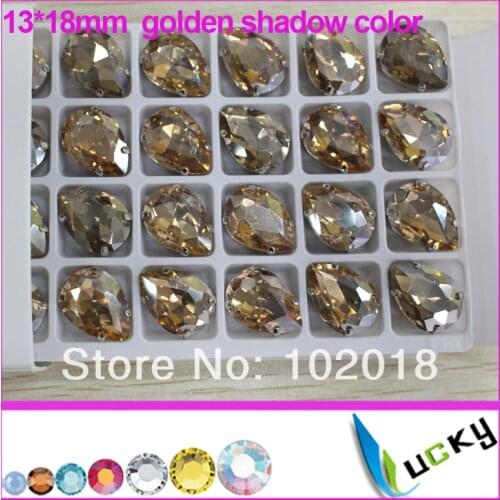 Free Shipping!100pcs13*18mm drop/pear Shape point back Fancy sew on Rhinestones golden shadow Color metal claw strass crystal