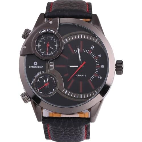 Luxury large dial black leather watch mens 3 movement military quartz man watches relogio masculino hombre reloj horloge