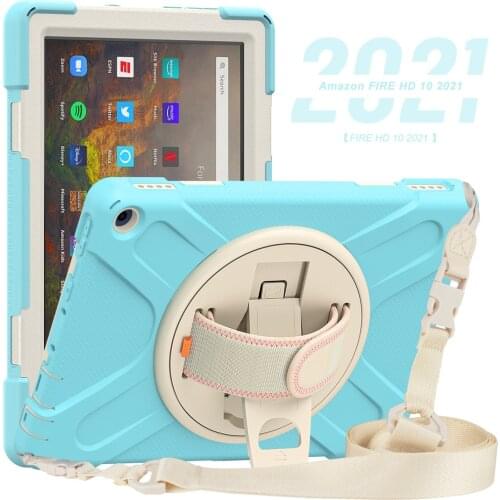 Case For Kindle Fire HD 10 2021 /Fire HD10 plus 2021Tablet Cover 360 Rotation Hand Kickstand Silicone Case & Shoulder strap+Gift