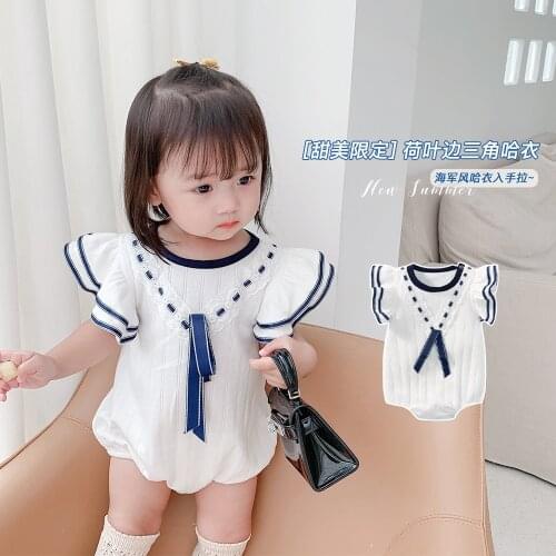 Infant Baby Rompers Summer New Toddler Girls Cute Fly Sleeve Bodysuits Korean Navy Style Cotton Soft One-pieces for Baby Girl