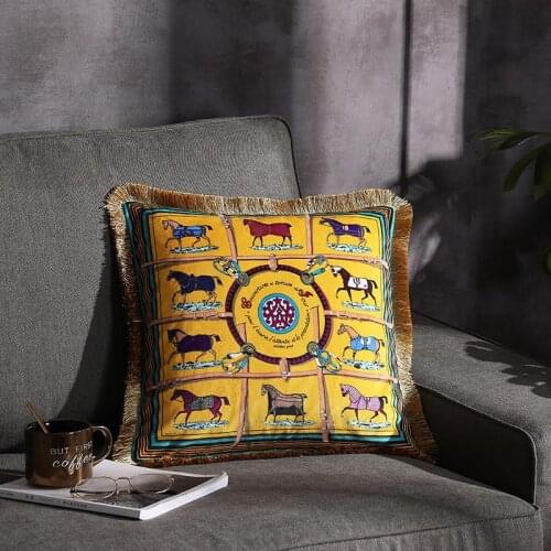 European Luxury Retro Pillow Cover Velvet Tassel Series Horse Printed Soft Throw Cushion Cover Sofa Bed Home Decor Waist Pillow