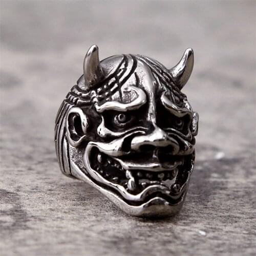 Vintage Japanese Prajna Mask Skull Rings For Men Cool Stainless Steel Skull Biker Ring Male Punk Gothic Jewelry Gift Wholesale
