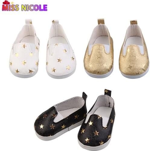 43cm New Baby Bron Dolls 7cm Canvas Doll Shoes With Stars Pu Leather Shoes For 18 Inch American DIY Girls &Our Generation Dolls