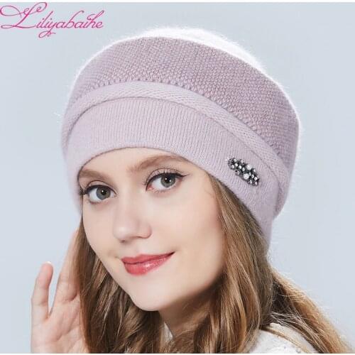 Liliyabaihe Womens hat Winter Hat Knitted Angora Wool ornaments double warm Hat
