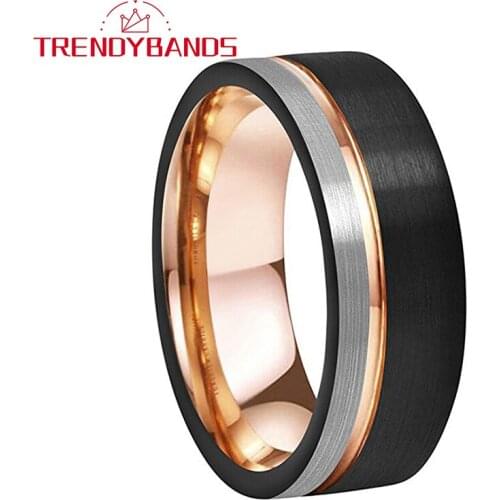 8MM Mens Womens Wedding Band Tungsten Carbide Ring Black Rose Gold With Offset Groove And Brush Finish