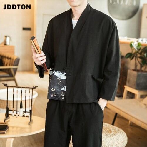 JDDTON Mens Linen Kimono Long Printing Cardigan Outerwear Fashion Streetwear Loose Male Jackets Casual Overcoat JE649