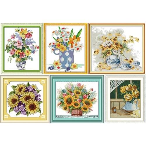 Yellow Flower Cross Stitch Kits 11CT14CT Printed Pattern Crafts DMC Counted DIY Handmade Sewing Needlework Embroidery Sets Decor