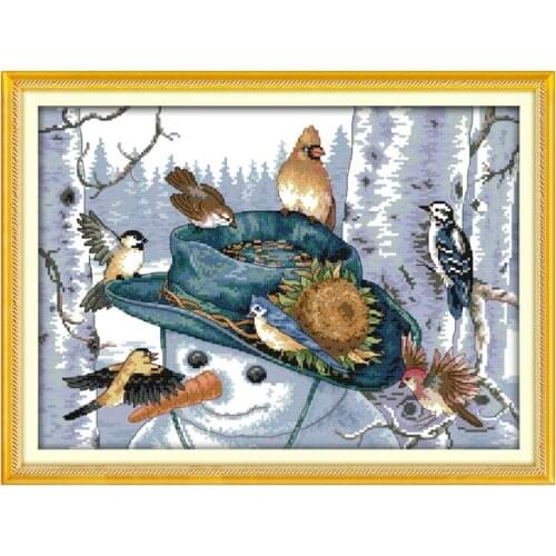The snowman with the bird cross stitch kits snow cartoon Aida count 14ct 11ct printed embroidery DIY handmade needlework supply