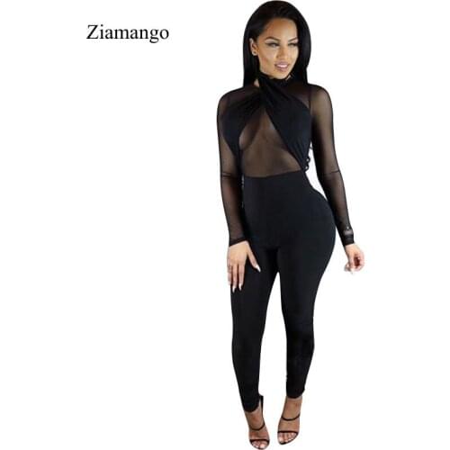 Skinny Sexy Women Jumpsuit Black Fashion Mesh Patchwork Halter Long Sleeve Tight Bodycon Jumpsuit Romper Overalls For Women 2640