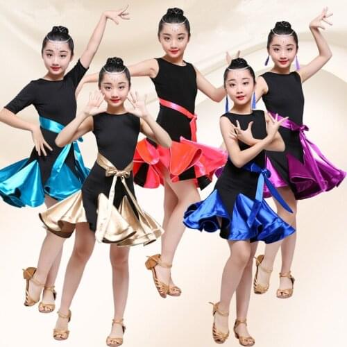 2018 latin dance dress girl 5 color red / purple / blue Child /boy fitness children Samba Chacha Rumba girl showing dance skirts
