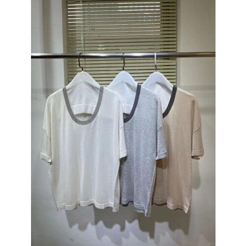 Sales T-shirts Women 2021 New Summer Europe Beading Collar Short Sleeve T-shirt Loose Ladies vestidos