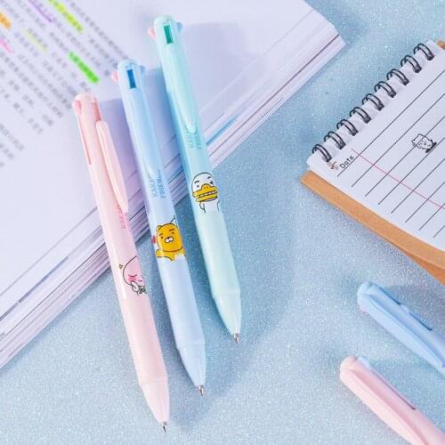 5pcs cute cartoon four-color ball point pen, 0.7mm push type multi-functional ball point pen, office student marker