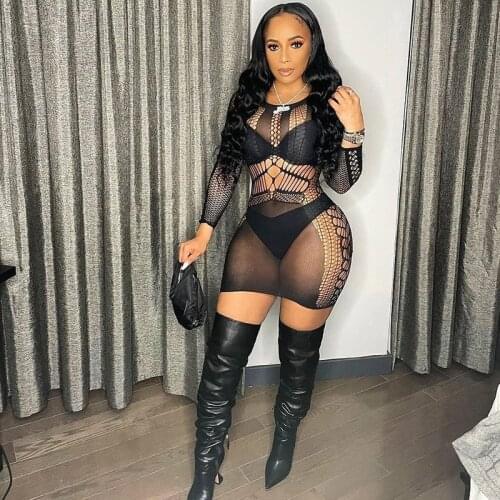 Zoctuo Sexy Mini Dresses For Women Party Club Night Hollow Out See Through Mesh Summer Dress O Neck Long Sleeve Dresses Girls
