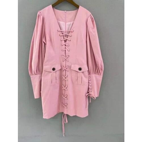 Sexy V-Neck Dress 2021 Autumn Fashion Party Club Women Sexy Cross String Long Sleeve Bodycon White Pink Black Dress Above Knee