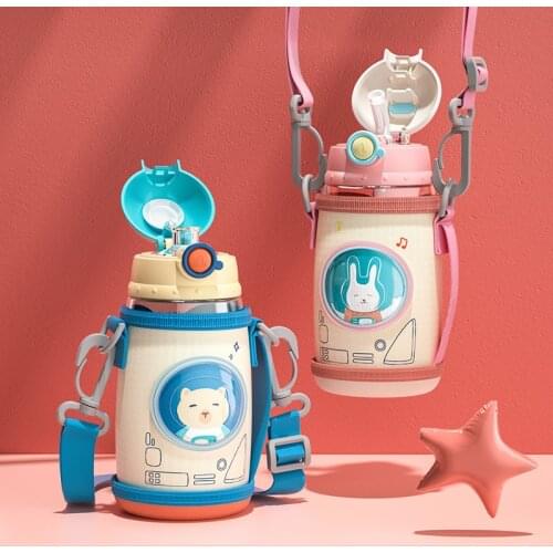 570ML Straw Cup Childrens Water Cup Cute Student Girl Heart Glass Cup Cartoon Pattern Outdoor Play Portable Water Cup