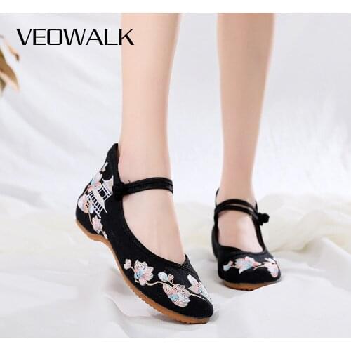 Veowalk Spring Women Canvas Embroidered Ballet Flats Soft Comfortable Cotton Embroidery Flat Shoes Ladies Walking Shoes