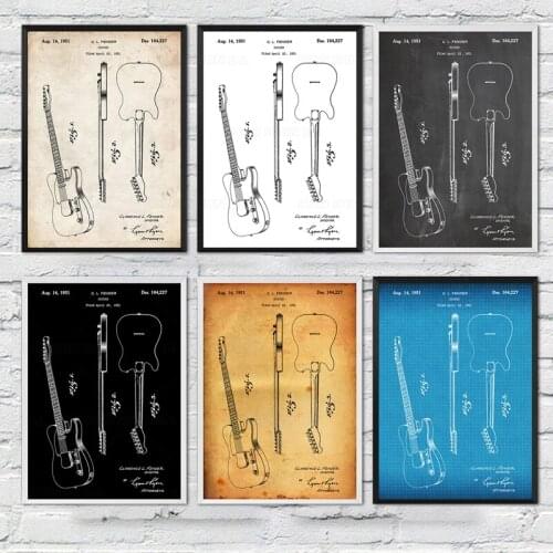 Vintage Fender Telecaster 1951 Guitar Patent Music Room Blueprint Poster Canvas Painting Print Wall Décor Living Home Art
