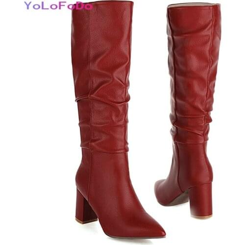 Faux Leather Women Knee High Boots Fashion All-match Short Plush Autumn Winter Boots Pleated Slip on Ladies Square Heel Boots