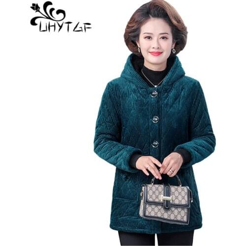 UHYTGF Elegant Mother Winter Cotton Coat Plus Velvet Thicken Hooded Corduroy Parker Women Jacket Casual Warm Large Size Top 1254