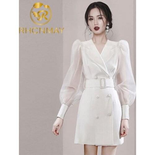 Fashion Women Vintage Lantern Sleeve Patchwork Sheath Dress V-Neck Office Lady Elegant Double Breasted Party Dress with Belt