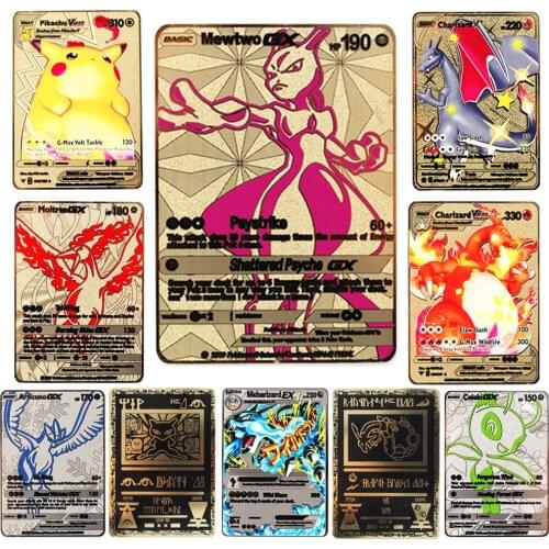 New Pokemon Mewtwo GX MEGA Gold Metal Card Super Game Collection Anime Cards Toys for Children Christmas Gift