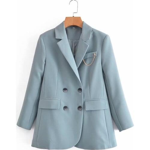 ZXQJ Women 2021 Fashion Chain Decoration Double Breasted Cropped Blazers Coat Vintage Long Sleeve Pockets Female Outerwear Chic