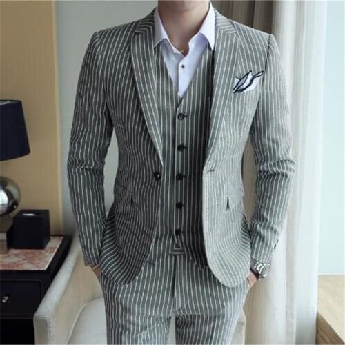 2019 Custom Made Gentleman Stripe Terno Groom Tuxedos Mens Suits Slim Fit Summer Men Suit For Wedding( Jacket+Pant+Vest+Tie)