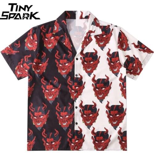 2021 Men Hip Hop Streetwear Patchwork Hawaiian Shirt Devil Printed Beach Shirt Harajuku Casual Short Sleeve Aloha Shirt Thin