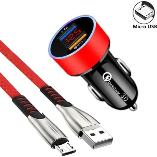 LED Display QC 3.0 Fast Car Charger Micro USB Cable For Huawei Honor 10i 20i 8 9 10 Lite 8X 8S 8A 8C 7X 7S 7A 7C Phone Charger