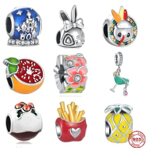 Summer New French Fries Pineapple Rabbit Wine Fruit Fit 925 Silver Pandora Original Bracelet Charm Bead For Women DIY Jewelry