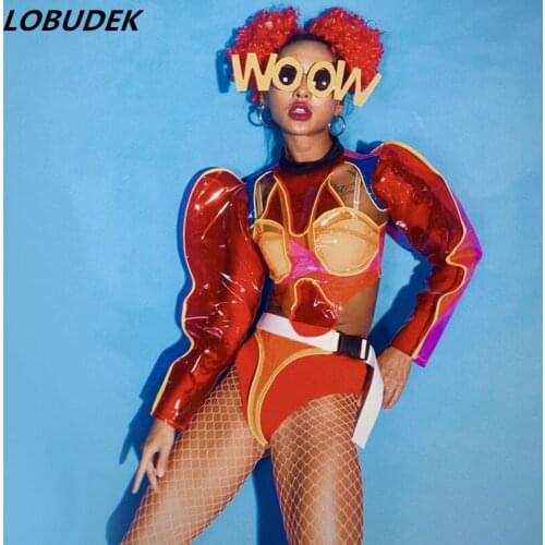 DJ Nightclub Female Dancer Stage Wear Funny Costume Red Transparent Bodysuit Glasses Outfit Future Technology Sexy Performance