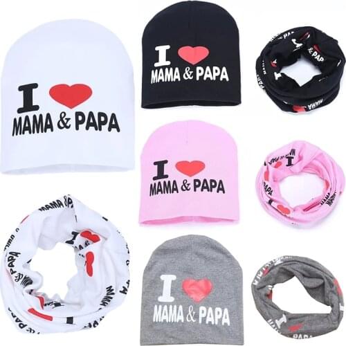 2Pcs Cotton Baby Hat Scarf Set Spring I Love MAMA PAPA Print Autumn Winter Children Caps Scarves Boys Girls Beanie Collar Suit