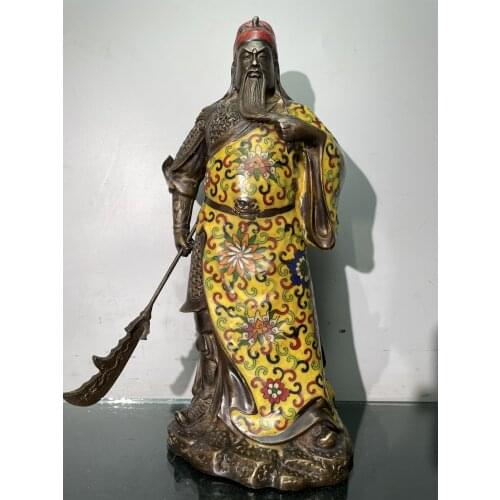 16"Chinese temple collection Old Bronze Cloisonne Wu Caishen Guan Yu Statue Incarnation of Loyalty Door god Ornaments Town House