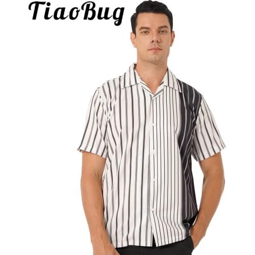 Men Chic Shirts Contrast Color Striped Button Down Shirt Work Office Vacation Turn-down Collar Short Sleeve Blouse Tee Top M-XXL