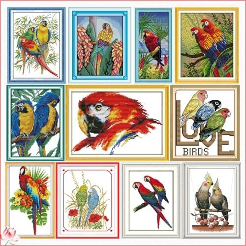 Joy Sunday Parrot Cross Stitch Kit DIY Animal Scenery Pattern Embroidery 14CT 11CT Needlework Canvas Sewing Set Handmade Gifts