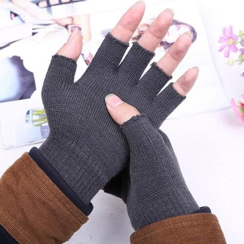Unisex Winter Warm Knitted Half Finger Gloves Women Mens Solid Black Gray Fingerless Stretchy Elastic Mittens Guantes Mujer
