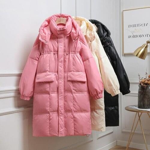 Winter Jacket Long Down Jacket Women Thick Warm Long Sleeve Hooded Parkas Loose White duck Down Coat Korean Puffer Jackets