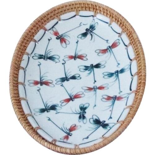 H7JB Rattan Serving Plate Oval Ceramic Porcelain Fruit Dessert Food Storage Container