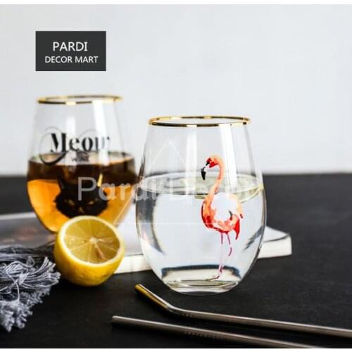 Glass Cup Water Drinking Cup Gold Edge Juice Glass Tea Coffee Mug Transparent Flamingo Cat Cactus Glass Bottle