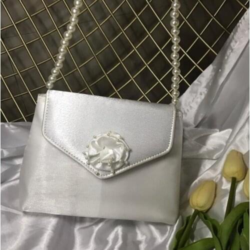 Vintage Women White Satin Shoulder Crossbody Messenger Bag Ladies Pearl Chain Small Top-handle Handbags Small Flowers Purse