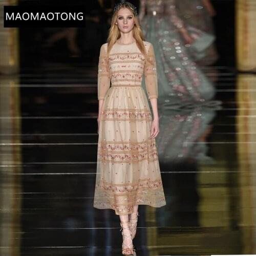 Womens Clothing Fashion Designer Dress Spring Womens Dress 3/4 Sleeve Mesh Embroidery Elegant Fitted Vintage Dresses