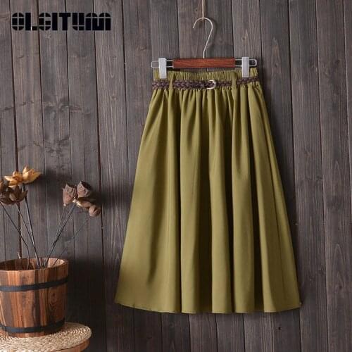 New 2020 Summer Skirts Women Fashion Midi Knee Length Skirt With Belt High Waist A-line Pleated School Skirt Female falda
